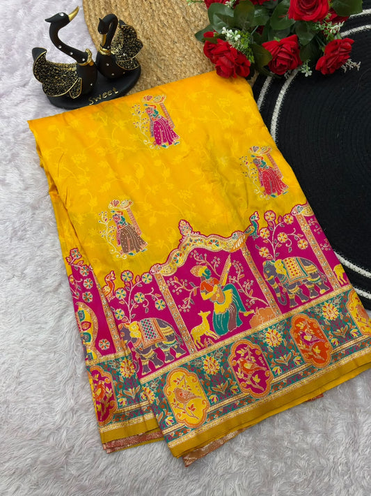Adorable Yellow Pashmina Saree With Luminous Blouse Piece