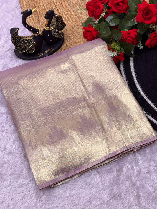 Mesmerising Lavender Banarasi Tissue Silk Saree With Extraordinary Blouse Piece