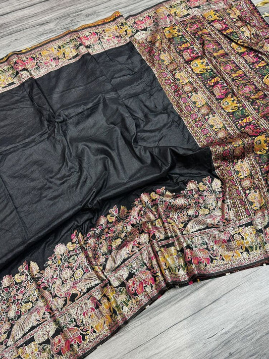 Girlish Black Pashmina Saree With Beautiful Blouse Piece