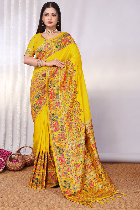Precious Yellow Pashmina Saree With Artistic Blouse Piece