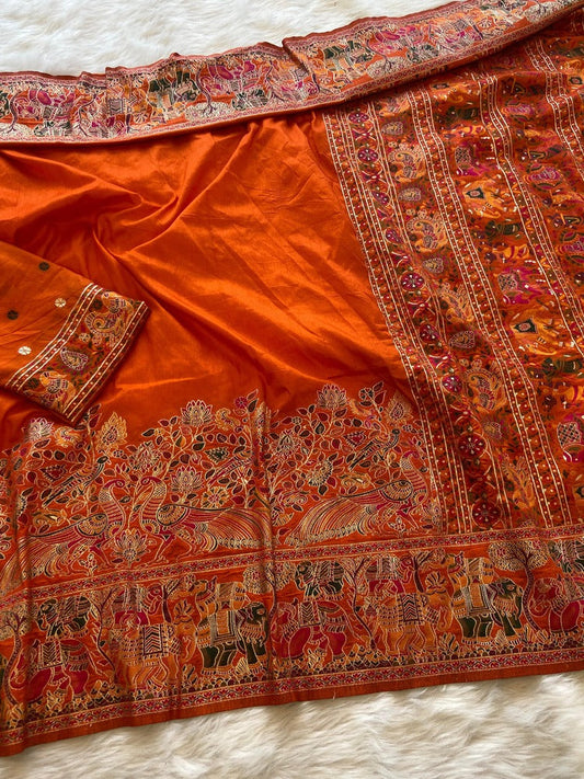 Beleaguer Orange Pashmina Saree With Comely Blouse Piece
