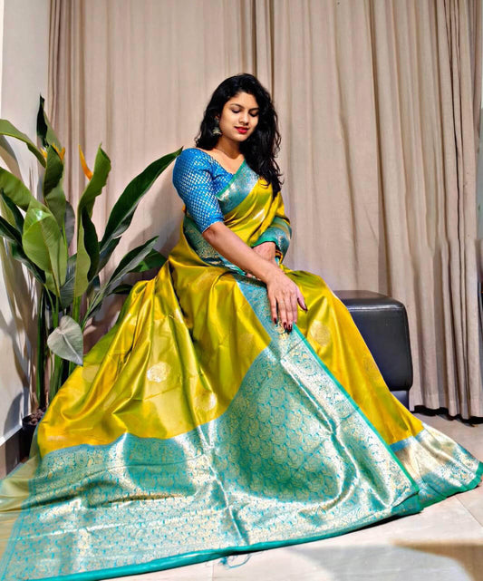 Embellished Mustard Soft Banarasi Silk Saree With Ephemeral Blouse Piece