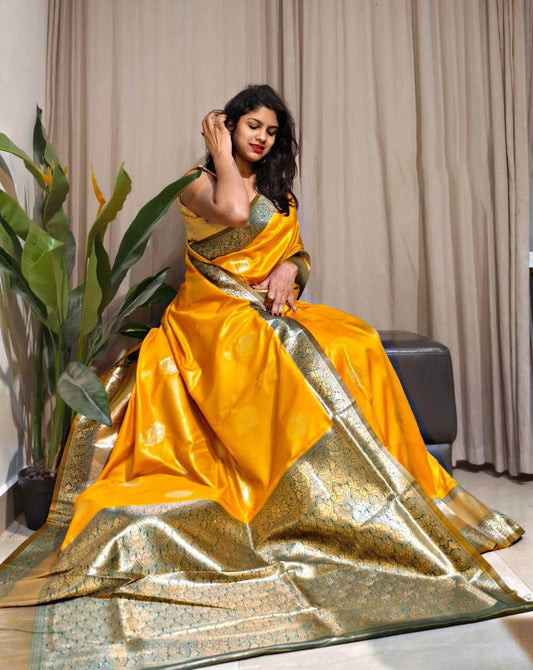 Bucolic Yellow Soft Banarasi Silk Saree With Fairytale Blouse Piece
