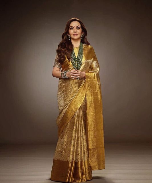 Extraordinary Golden Soft Tissue Silk Saree With Classy Blouse Piece