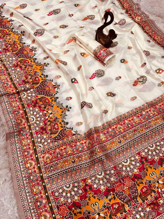 Fantabulous Beige Pashmina Saree With Radiant Blouse Piece
