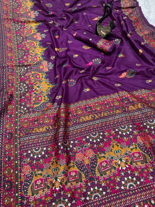 Exceptional Purple Pashmina Saree With Gratifying Blouse Piece