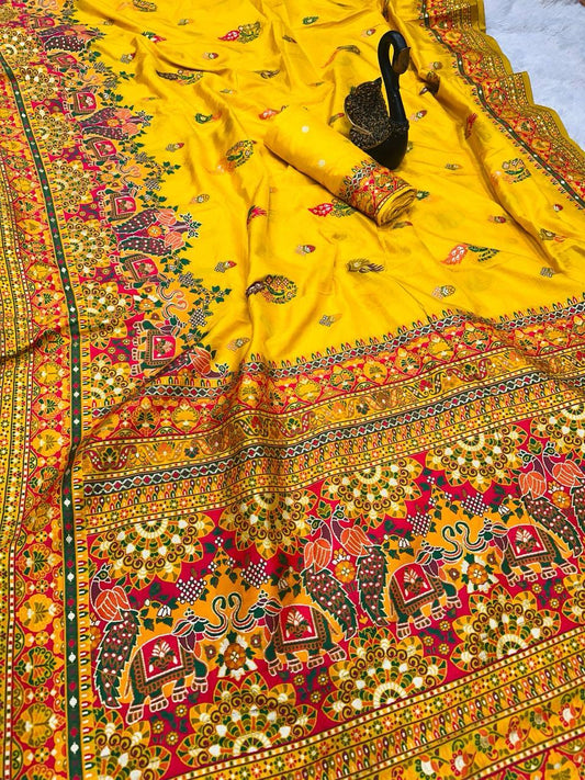 Appealing Yellow Pashmina Saree With Gossamer Blouse Piece