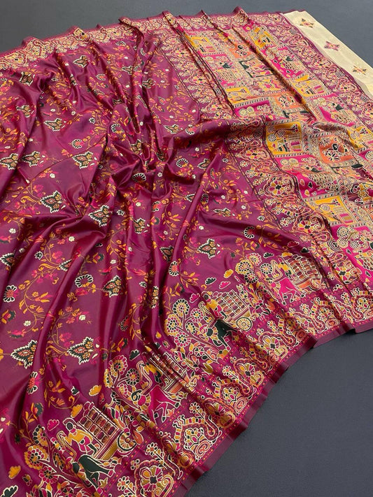 Palimpsest Wine Pashmina Saree With Bewitching Blouse Piece