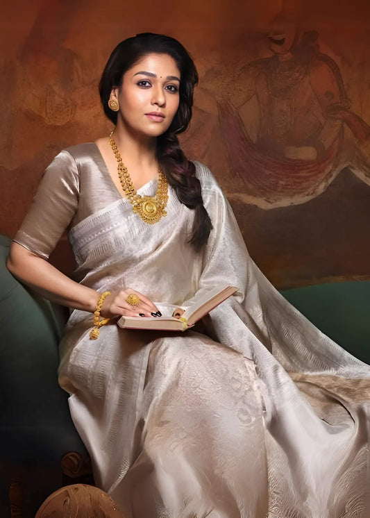 Glamorous Silver Soft Tissue Silk Saree With Ethnic Blouse Piece