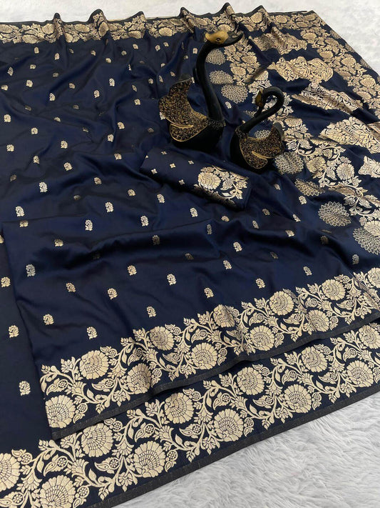 Denouement Navy Blue Soft Banarasi Silk Saree With Scintillating Blouse Piece