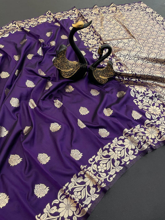Tremendous Purple Soft Banarasi Silk Saree With Diaphanous Blouse Piece