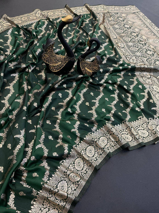 Lagniappe Dark Green Soft Banarasi Silk Saree With Unique Blouse Piece