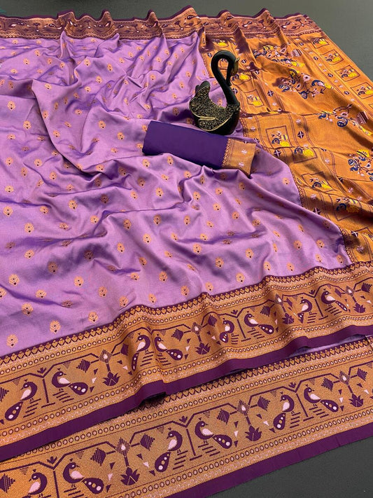 Tremendous Lavender Paithani Silk Saree With Imaginative Blouse Piece
