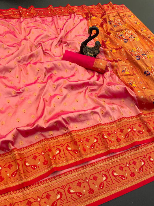 Mesmeric Peach Paithani Silk Saree With Gratifying Blouse Piece