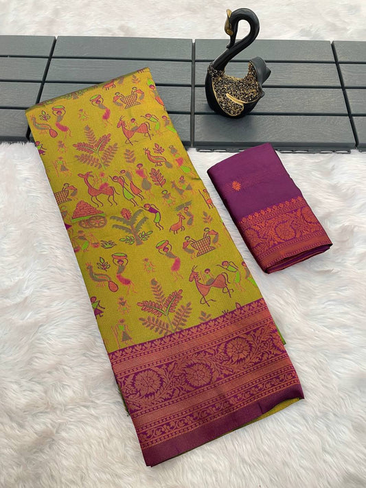 Propinquity Mustard Soft Banarasi Tissue Silk Saree With Lustrous Blouse Piece