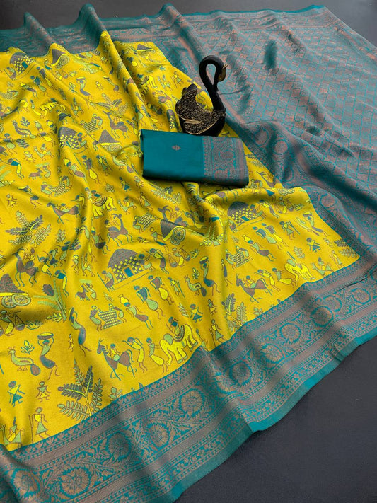 Ethnic Yellow Soft Banarasi Tissue Silk Saree With Lovely Blouse Piece