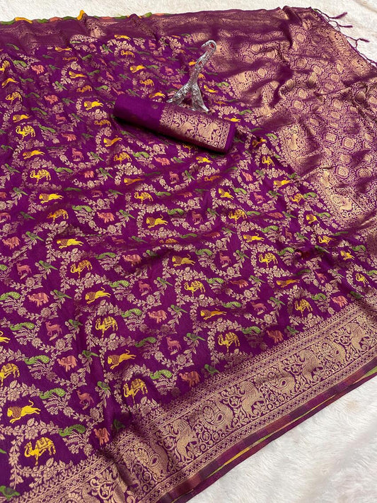 Charming Purple Soft Banarasi Silk Saree With Nemesis Blouse Piece
