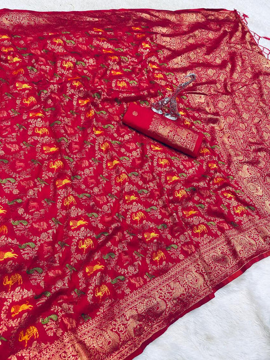 Splendiferous Red Soft Banarasi Silk Saree With Demesne Blouse Piece