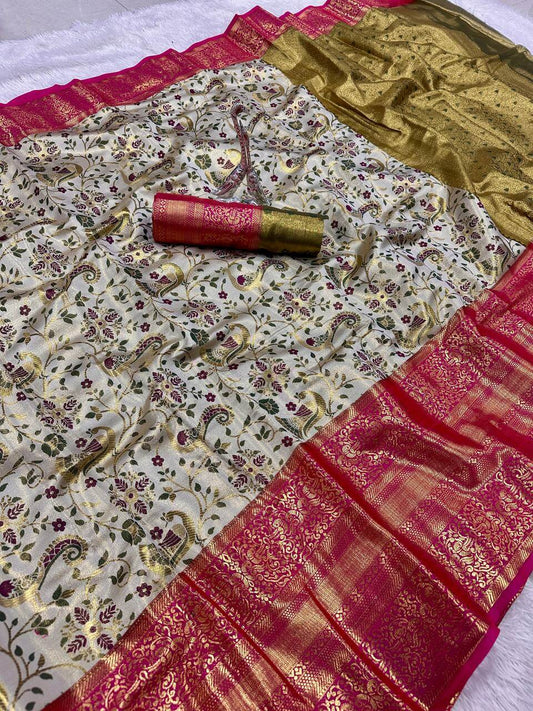 Assemblage Pista Kanjivaram Silk Saree With Conflate Blouse Piece