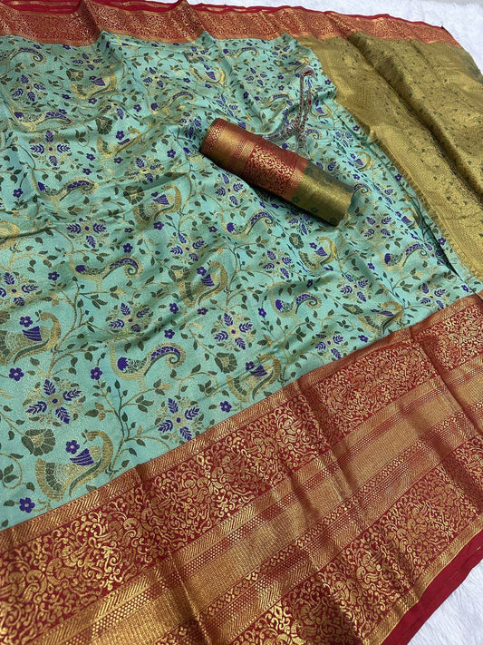 Bewitching Sea Green Kanjivaram Silk Saree With Desirable Blouse Piece