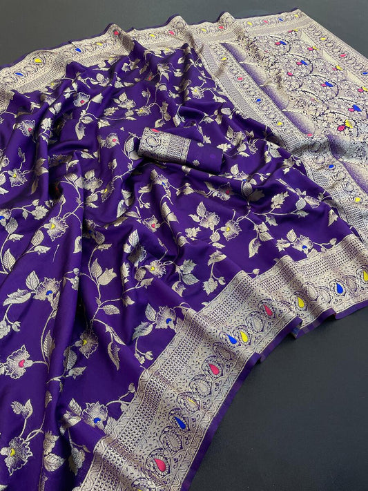 Snappy Royal Purple Soft Banarasi Silk Saree With Designer Blouse Piece