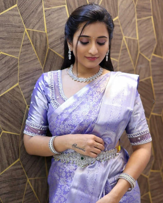Pleasant Lavender Soft Silk Saree With Ethnic Blouse Piece