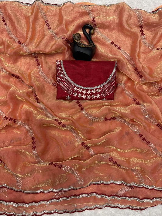 Outstanding Orange Sequence Work Fandy Silk Saree With Incredible Blouse Piece