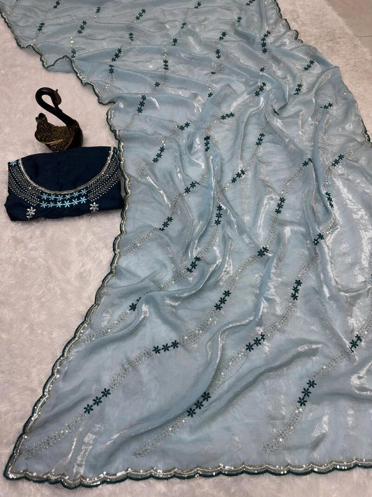 Engrossing Sky Sequence Work Fandy Silk Saree With Nebula Blouse Piece