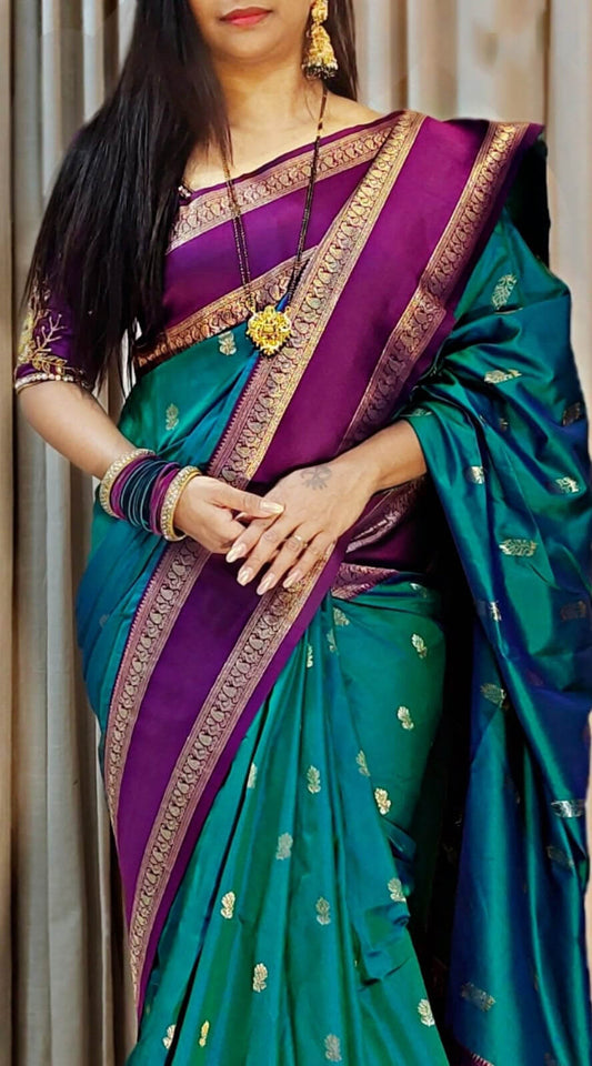 Evocative Rama Soft Banarasi Kathpadar Silk Saree With Cynosure Blouse Piece