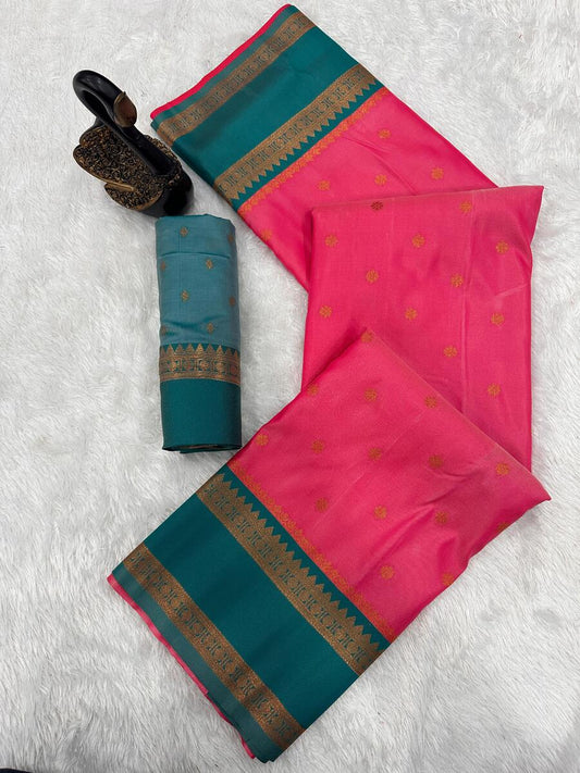 Desuetude Dark Pink Soft Banarasi Silk Saree With Beleaguer Blouse Piece