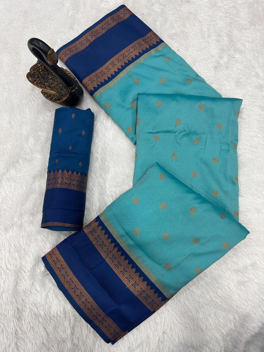 Nectarous Firozi Soft Banarasi Silk Saree With Ephemeral Blouse Piece