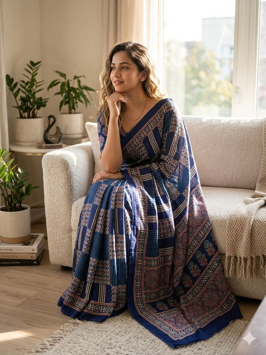 Inspiring Blue Ajrakh Printed Dola Silk Saree With Exuberant Blouse Piece