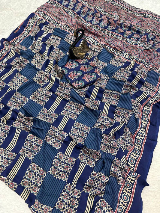 Inspiring Blue Ajrakh Printed Dola Silk Saree With Exuberant Blouse Piece