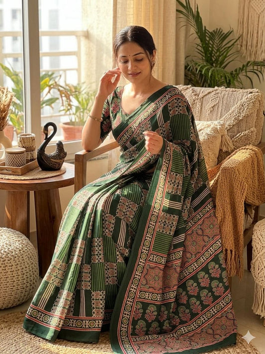 Felicitous Green Ajrakh Printed Dola Silk Saree With Enticing Blouse Piece