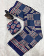 Jazzy Navy Blue Ajrakh Printed Gajji Soft Silk Saree With Invaluable Blouse Piece