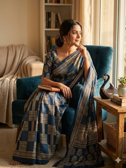 Charismatic Rama Ajrakh Printed Dola Silk Saree With Confounding Blouse Piece