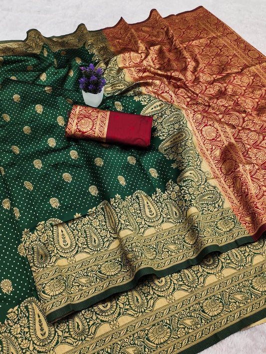 Prominent Dark Green Soft Silk Saree With Eye-catching Blouse Piece