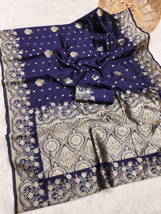 Ebullience Navy Blue Soft Silk Saree With Sempiternal Blouse Piece