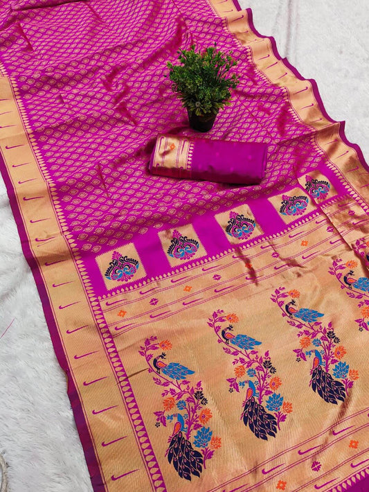 Precious Dark Pink Paithani Silk Saree With Exquisite Blouse Piece