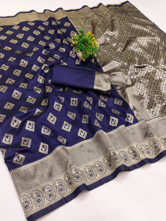 Profuse Navy Blue Soft Silk Saree With Splendorous Blouse Piece
