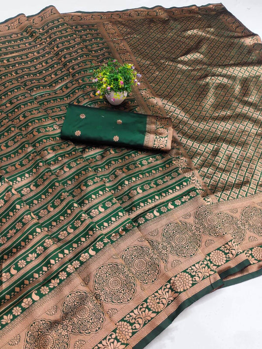 Stunning Dark Green Soft Silk Saree With Arresting Blouse Piece