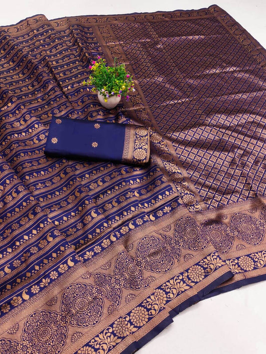 Blooming Navy Blue Soft Silk Saree With Tremendous Blouse Piece