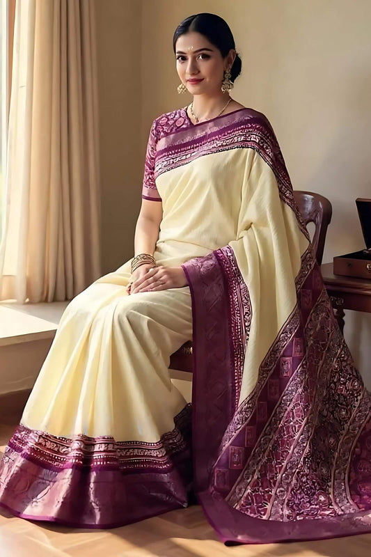 Classic Beige Digital Printed Dola Silk Saree With Nebula Blouse Piece