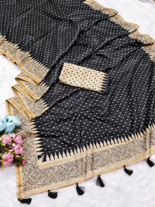Ratatouille Black Embroidery Work Tussar Silk Saree With Smashing Blouse Piece