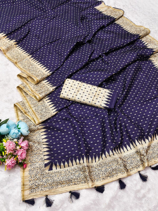 Luxuriant Navy Blue Embroidery Work Tussar Silk Saree With Ephemeral Blouse Piece