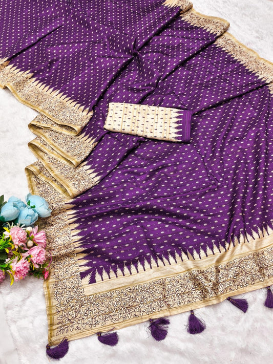 Stunning Purple Embroidery Work Tussar Silk Saree With Lissome Blouse Piece