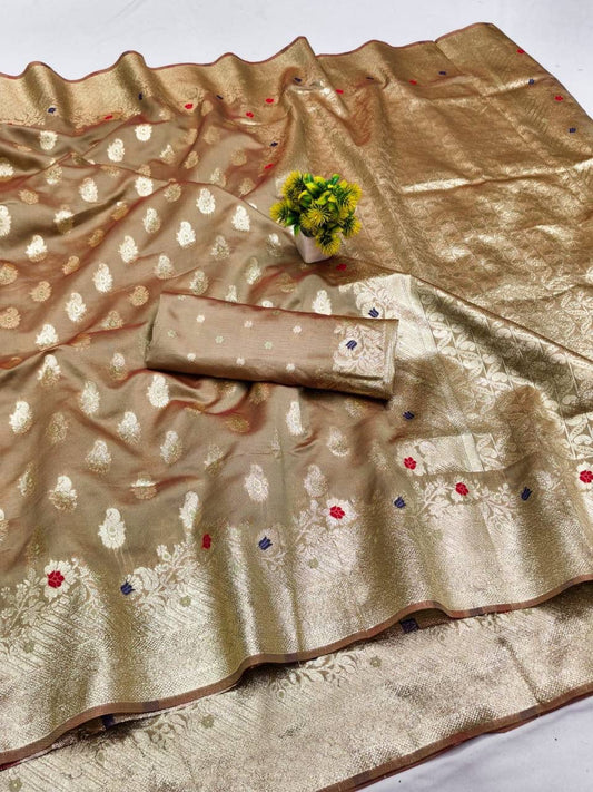 Dazzling Beige Soft Banarasi Silk Saree With Super extravagant Blouse Piece