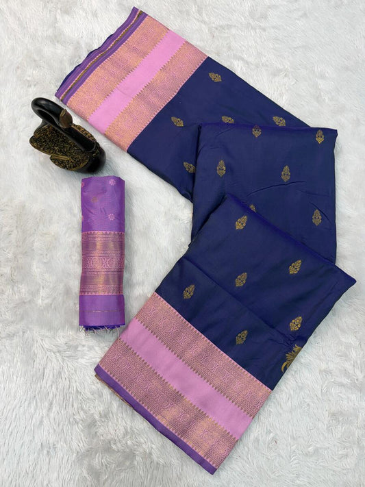 Wonderful Navy Blue Soft Banarasi Silk Saree With Glamorous Blouse Piece