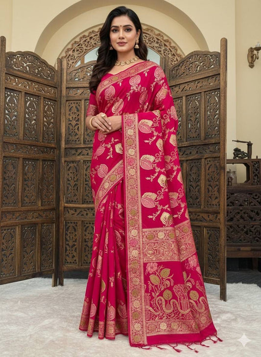 Sensational Dark Pink Banarasi Dola Silk Saree With Surreptitious Blouse Piece
