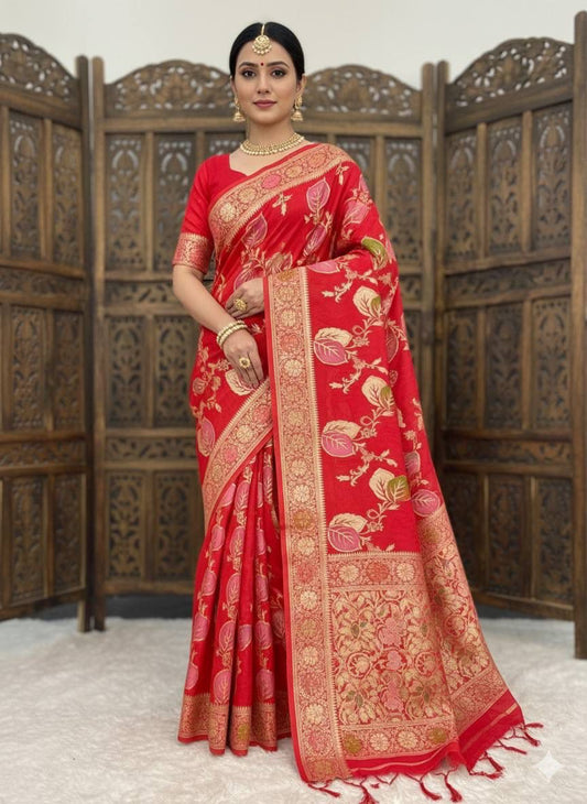 Vestigial Red Banarasi Dola Silk Saree With Stunning Blouse Piece